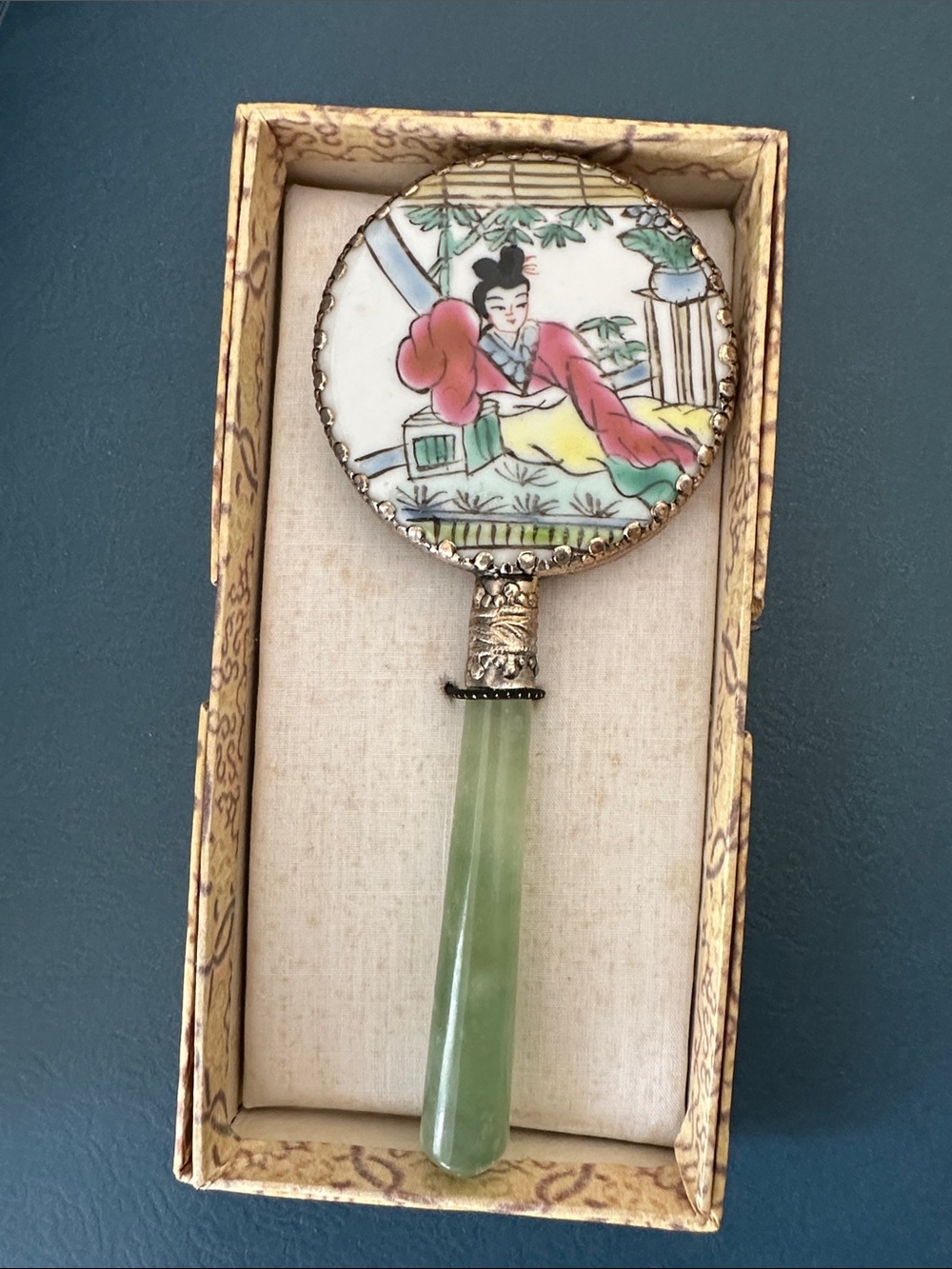 Vintage Chinese Hand Mirror with Jade Handle